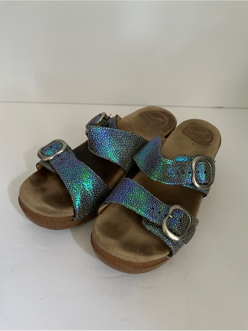 Dansko Sophia Double Strap Wedge Sandal Iridescent Blue Women’s Size 37